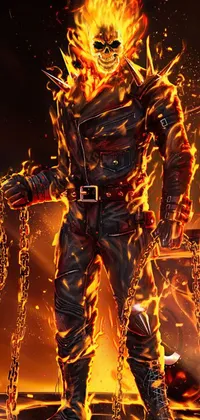 This phone wallpaper showcases a striking image of a man wearing a black leather suit standing in front of vibrant fire backdrop