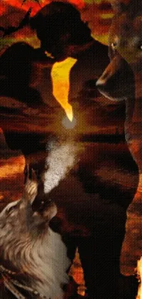 This phone live wallpaper is a breathtaking digital mosaic featuring a man and his dog by a warm fire