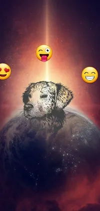 This fun and playful phone live wallpaper features a cute dog sitting on top of a planet, surrounded by space art, emoticons, and adorable illustrations