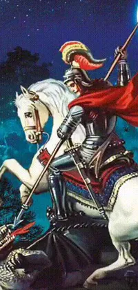 This phone live wallpaper showcases a stunning digital rendering of a knight on a white horse