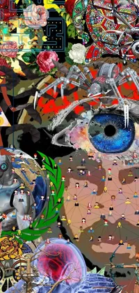 This imaginative phone live wallpaper features a captivating collage of various images including a man's face, surrealist painting, human with robot eye, anime graphic, and city skyline