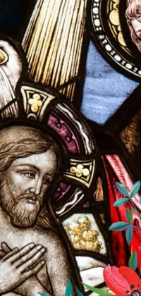 This phone live wallpaper features a stunning close-up view of a beautifully detailed stained glass window depicting Jesus and baptismal imagery