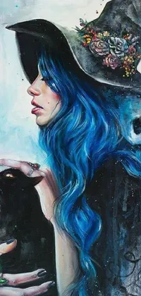 This stunning phone live wallpaper showcases a captivating acrylic painting of a woman with blue hair holding a small dog
