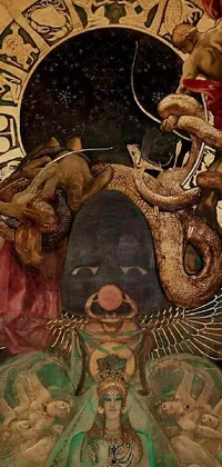 Featuring a surreal painting on a wall, this phone live wallpaper showcases a Renaissance-inspired scene with kemetic elements, a crown of snakes, and a collage-style arrangement of Osiris, an ancient Egyptian deity