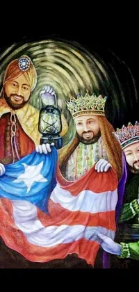 This live wallpaper features a regal painting of three men dressed in ornate clothing, a sheikh in a turban, a Viking warrior, and a hooded arch mage