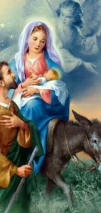 This live wallpaper features a serene and idyllic painting of Mary, Joseph, and baby Jesus on their journey to Bethlehem