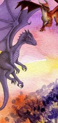 This live phone wallpaper depicts a mesmerizing painting of a dragon in flight against a beautiful, violet and yellow sunset sky