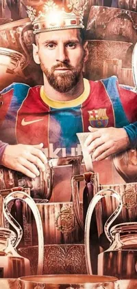 This live phone wallpaper showcases a poster of a soccer player surrounded by trophies and hyper-realistic painting