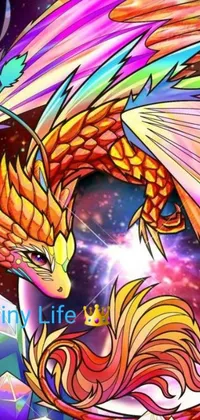 This phone live wallpaper features a colorful dragon flying through a psychedelic sky, surrounded by shining crystals