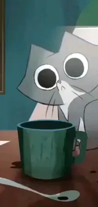 This live phone wallpaper features a Pixar cartoon cat sitting next to a coffee cup