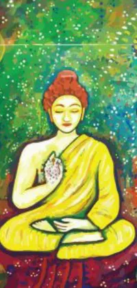 This stunning phone live wallpaper features an acrylic painting of a person in a lotus position, wearing a yellow robe adorned with a flower of life symbol