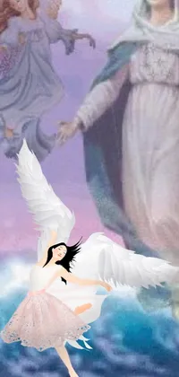 This stunning phone live wallpaper features a majestic painting of a woman with wings soaring over a beautiful body of water