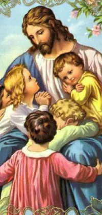 This live wallpaper features a serene painting of Jesus embracing children with a blue background and elegant typography displaying the artist name in the border