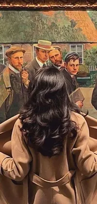 This phone live wallpaper showcases a captivating woman in a cloak standing before a mesmerizing photorealistic painting with bold socialist realism-inspired characters
