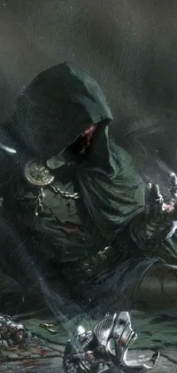 Get captivated by this phone live wallpaper featuring a green-cloaked figure, who is a necromancer, lost in thoughts at a table