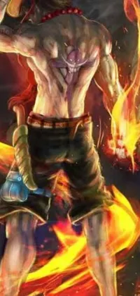 This live phone wallpaper features a fierce man standing boldly in front of a blazing fire