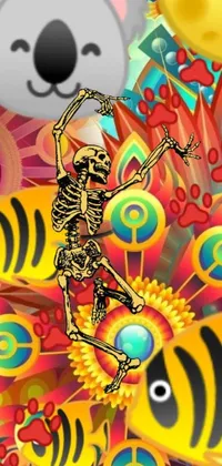 This phone live wallpaper features a vibrant image of a jumping skeleton above a group of fish set against a trippy, psychedelic-inspired background