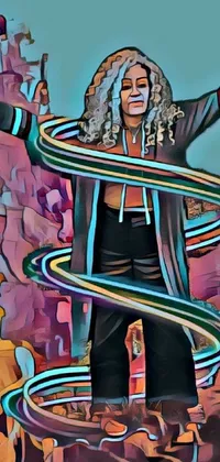 This live phone wallpaper showcases a mesmerizing digital painting of a woman playing with a hula hoop