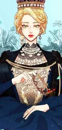 This phone live wallpaper features a beautiful digital drawing of a crowned woman with an intricate, Rococo-inspired design