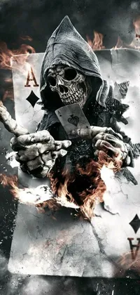 This mesmerizing digital art live wallpaper features a fearsome skeleton seated atop a blazing playing card with a dagger in one hand and the ace card in the other
