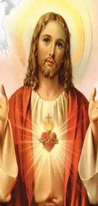 Experience an awe-inspiring wallpaper on your phone with the Sacred Heart of Jesus, depicted in a vibrant and detailed manner