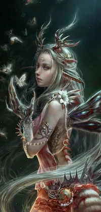 This phone live wallpaper features a striking fantasy art depiction of a woman holding a bird, with horns and wings, against a colourful background