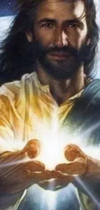 This stunning live wallpaper for your phone features an enchanting image of Jesus holding a glowing light in the palm of his hands