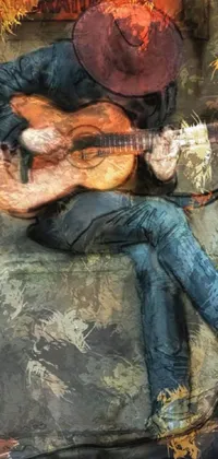 This phone live wallpaper showcases a digital painting of a man playing guitar on a couch