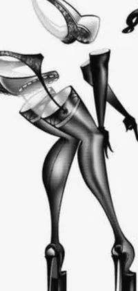 This phone live wallpaper features a black and white stipple drawing of a woman wearing high heels and gloves, with a garter belt and an hourglass ⌛️ figure