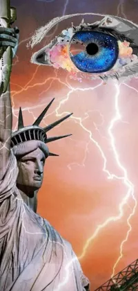 This electrifying phone live wallpaper showcases a digital art rendering of the Statue of Liberty, set against a backdrop of lightning and storm clouds
