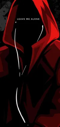 This mobile phone live wallpaper showcases a stunning vector art creation featuring a close-up view of a person adorned in a red hoodie and a black-and-red suit against a black backdrop