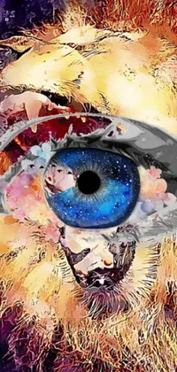 This phone live wallpaper features a captivating close-up of a cat's eye in stunning digital art, with a psychedelic feel and a mesmerizing cosmic landscape