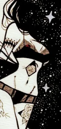 The ink drawing live wallpaper displays a half-body shot of a woman with long hair, inspired by gothic art, featuring a space pirate in white tights adorned with stars