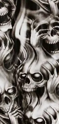 Looking for a dark and edgy phone wallpaper? Check out this live wallpaper featuring a black and white image of skulls in a silk screen style