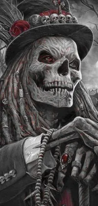This phone live wallpaper features a stunningly detailed 4k painting of a gothic-style skeleton portrait