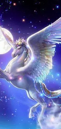 This phone live wallpaper features a stunning illustration of a unicorn flying high in the sky