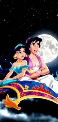 This live wallpaper embodies the fantasy world of Aladdin, featuring a flying object, possibly a magic carpet, carrying two individuals through a moonlit sky