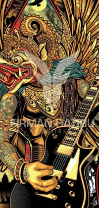 This live wallpaper features a stunningly detailed digital art image of a man playing an electric guitar in the sumatraism style of Bali