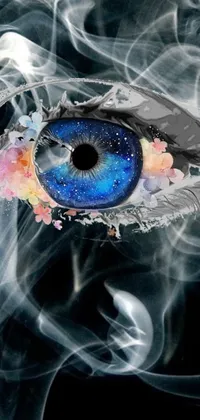 This phone live wallpaper features a psychedelic, digital close-up of an eye gazing out into the cosmos