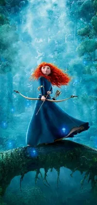This live wallpaper for phones features stunning digital art by Pixar, depicting a fierce female warrior standing on a tree branch in a blue dress with bow and arrow, her curly red hair blowing in the wind