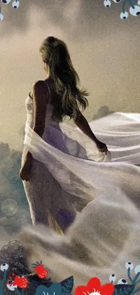 This live phone wallpaper features a woman in a flowing white dress floating in the sky