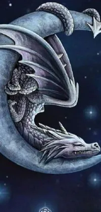 This live wallpaper depicts a striking image of a dragon sitting on the moon, surrounded by a starry sky