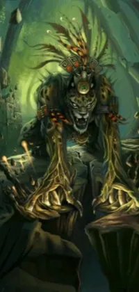 This live wallpaper is a unique and striking piece of artwork featuring sumatraism and mayan jaguar warrior themes