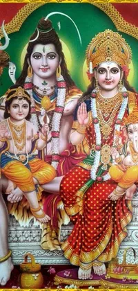 Decorate your phone screen with a stunning live wallpaper featuring Hindu deities sitting on a bench