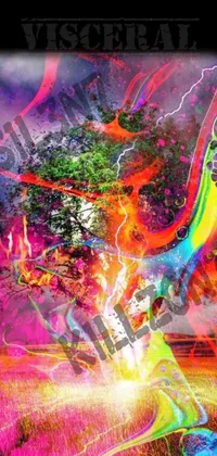 This dynamic live wallpaper features a stunning digital painting of a guitar player set against a multicolored background of neon abstract smoke and lightening tree patterns