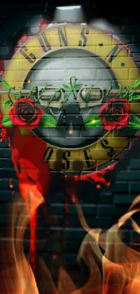 This live phone wallpaper features a clock painted on a brick wall with a skull made of red roses and an avatar image