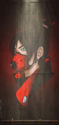 This phone live wallpaper showcases a striking image of a gas mask-wearing character in an anime-style graffiti scene