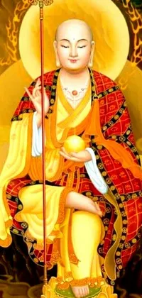 This live wallpaper features a stunning painting of a Buddhist monk holding a staff against a warm golden background