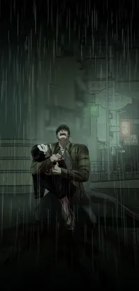 This live wallpaper depicts a man sitting in the rain with a sense of isolation