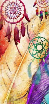 This phone live wallpaper features a stunning painting of a feather and dream catcher laced with intricate psychedelic art, geometry, and astrology